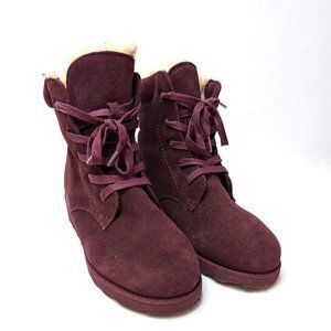 Bearpaw Phoebe Suede Sheepskin Cozy Lace Up Hiking Boots Burgundy Women's 9 Wide